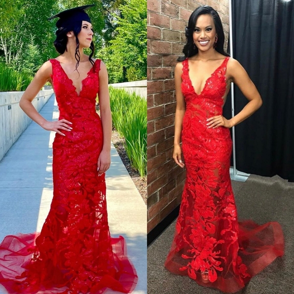 Jovani Red Lace Evening Gown - Picture 2 of 16